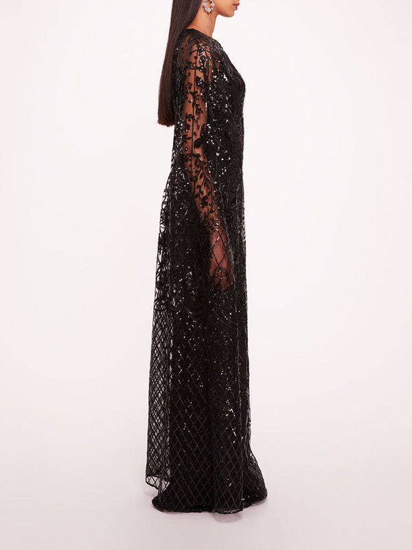 Marchesa Notte Sequin Lattice Cape Gown Black