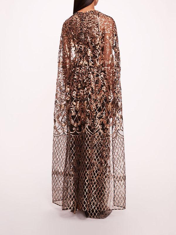 Marchesa Notte Sequin Lattice Cape Gown Black Gold