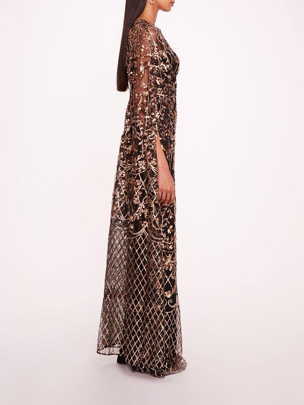 Marchesa Notte Sequin Lattice Cape Gown Black Gold