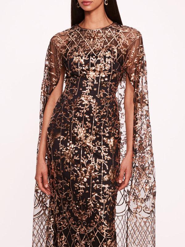 Marchesa Notte Sequin Lattice Cape Gown Black Gold