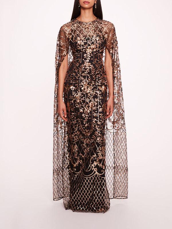 marchesa notte Sequin Lattice Cape Gown Black Gold