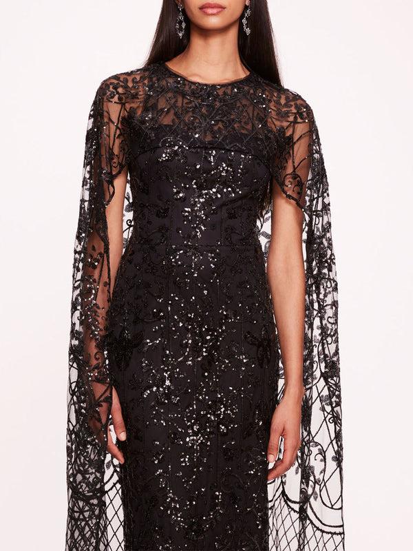 Marchesa Notte Sequin Lattice Cape Gown Black