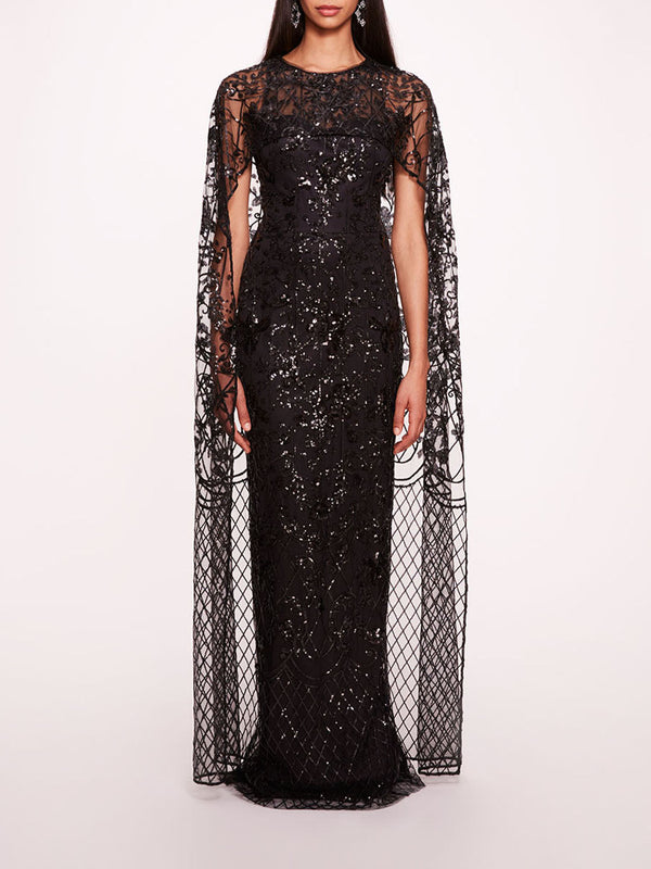 marchesa notte Sequin Lattice Cape Gown Black