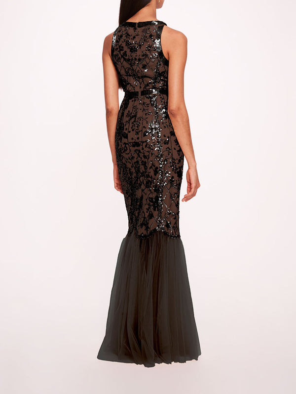 Marchesa Notte Sequin Lattice Strapless Gown Black