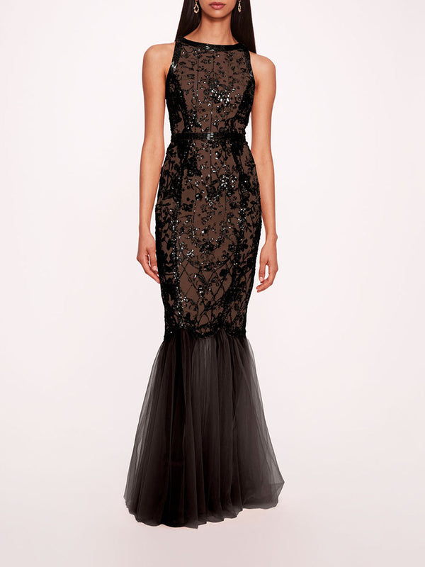 marchesa notte Sequin Lattice Strapless Gown Black