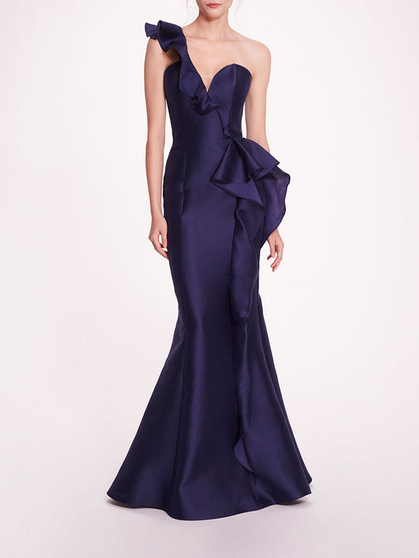 marchesa notte Silk Mikado Gown Navy