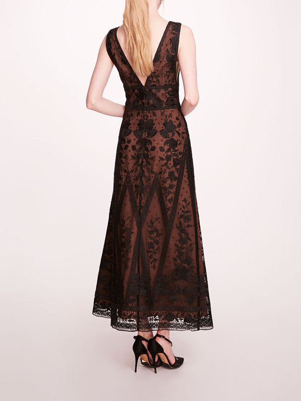 Marchesa Notte Spear Garden Midi Dress Black