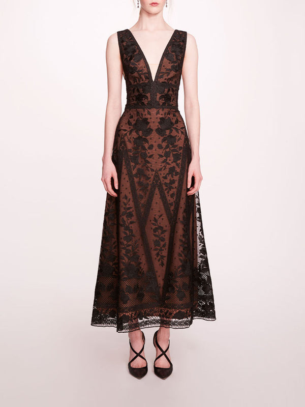 marchesa notte Spear Garden Midi Dress Black