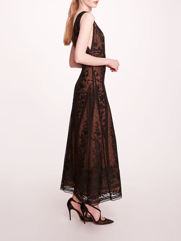 Marchesa Notte Spear Garden Midi Dress Black