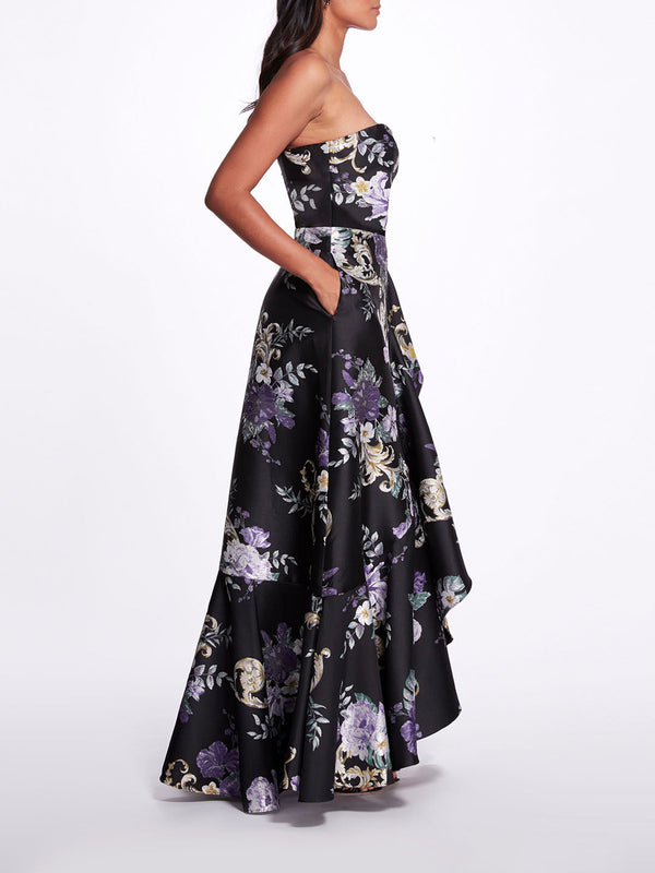 Marchesa Notte Strapless Floral Gown Black