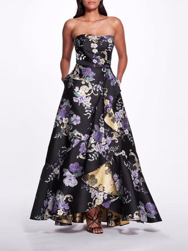 marchesa notte Strapless Floral Gown Black