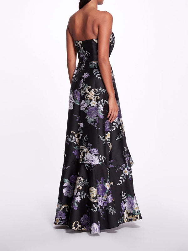 Marchesa Notte Strapless Floral Gown Black