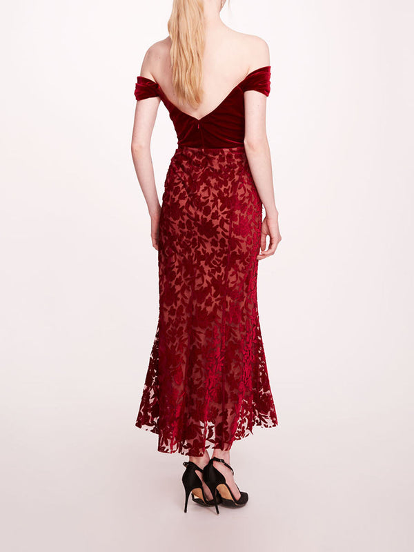 Marchesa Notte Velvet Cutwork Midi Dress Burgundy