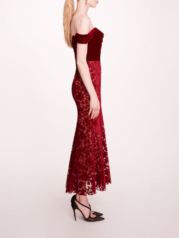 Marchesa Notte Velvet Cutwork Midi Dress Burgundy