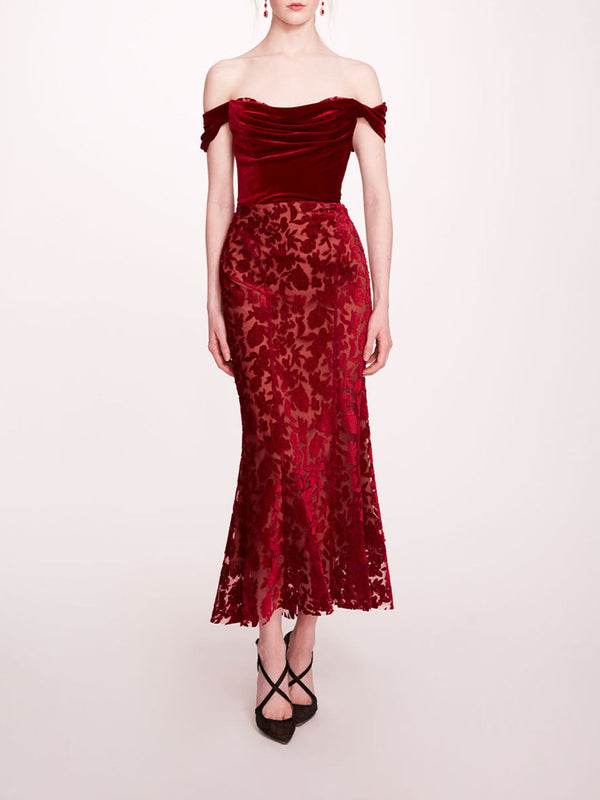 marchesa notte Velvet Cutwork Midi Dress Burgundy