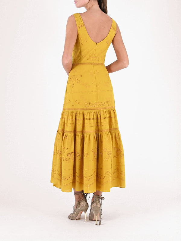 Marchesa Notte Voile Tiered Maxi Dress Mustard