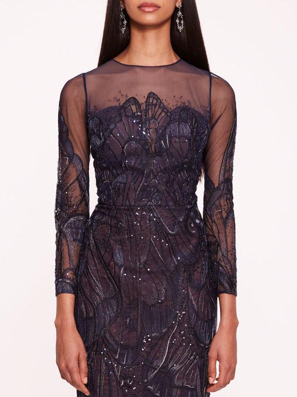 Marchesa Notte Winged Symphony Midi Dress Blue