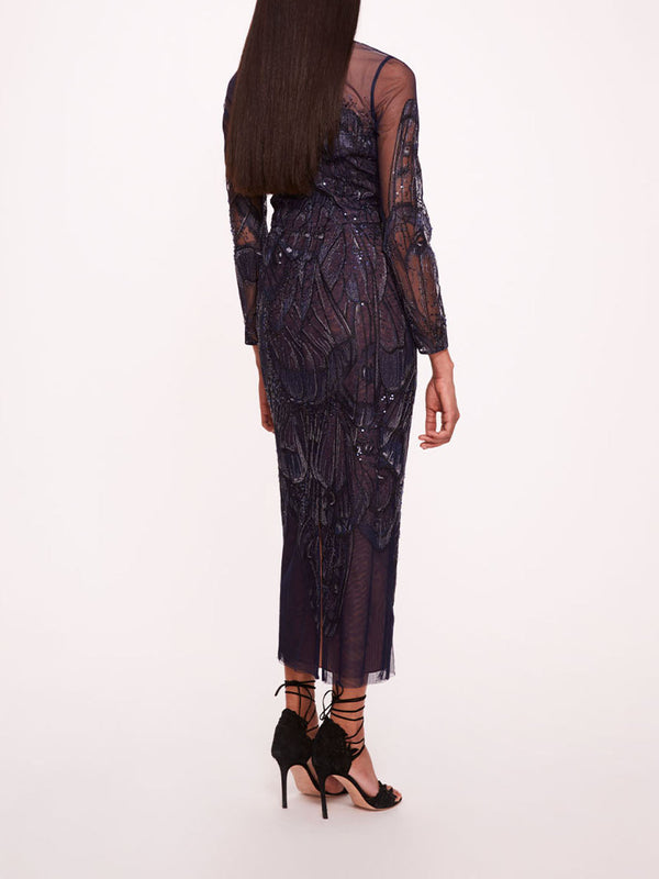 Marchesa Notte Winged Symphony Midi Dress Blue