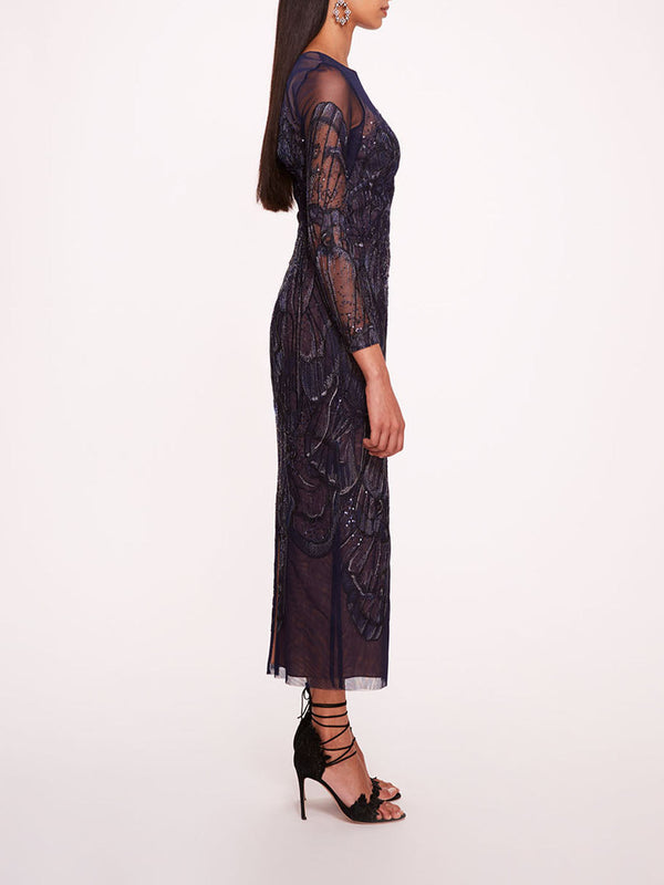 Marchesa Notte Winged Symphony Midi Dress Blue