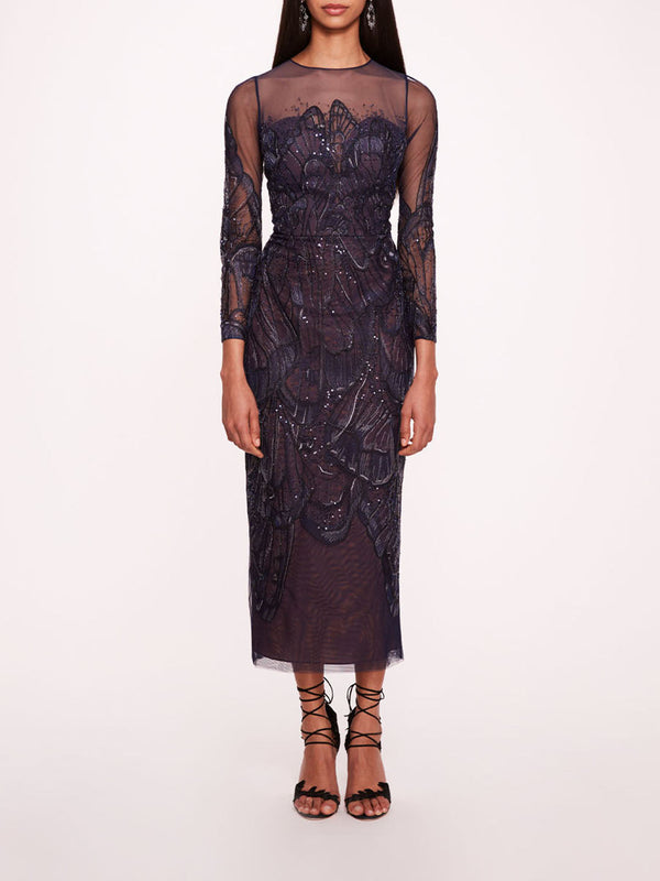 marchesa notte Winged Symphony Midi Dress Blue