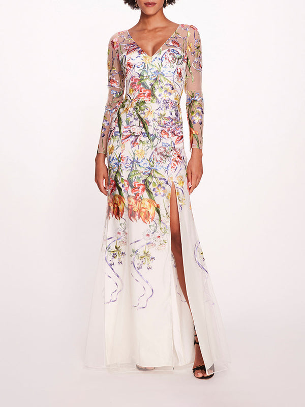 marchesa notte Ribbons Long Sleeve Gown Ivory Multi