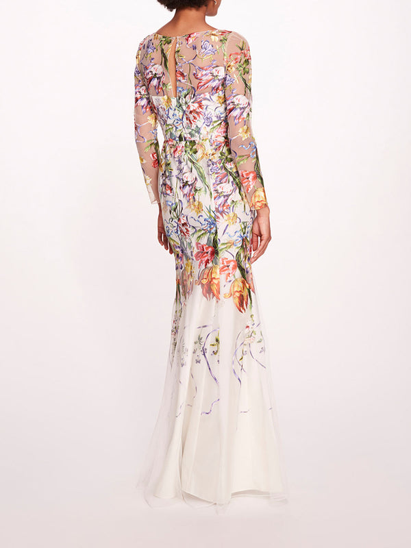 Marchesa Notte Ribbons Long Sleeve Gown Ivory Multi