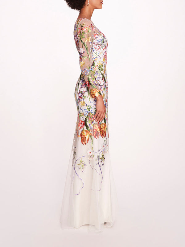Marchesa Notte Ribbons Long Sleeve Gown Ivory Multi