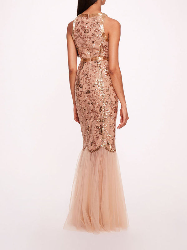 Marchesa Notte Sequin Lattice Strapless Gown Nude Gold