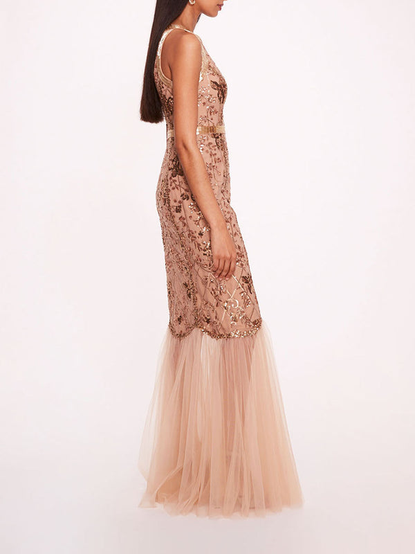 Marchesa Notte Sequin Lattice Strapless Gown Nude Gold