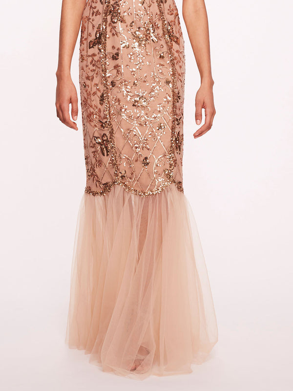 Marchesa Notte Sequin Lattice Strapless Gown Nude Gold