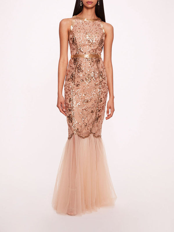 marchesa notte Sequin Lattice Strapless Gown Nude Gold