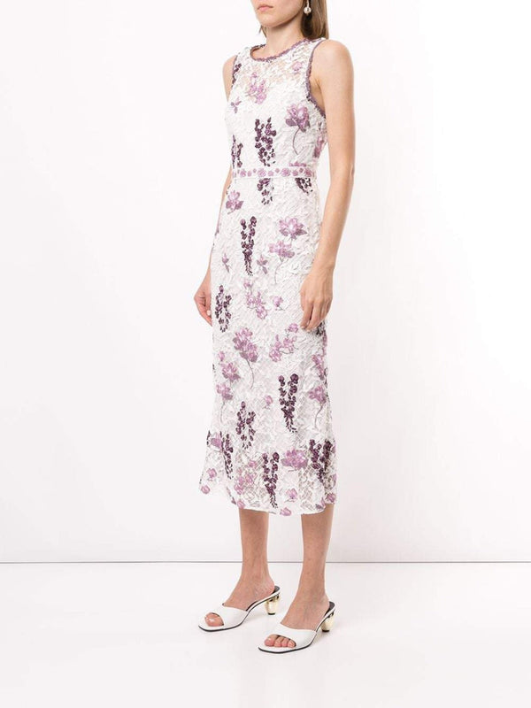 Marchesa Notte Sleeveless Floral Guipure Dress Ivory Lilac