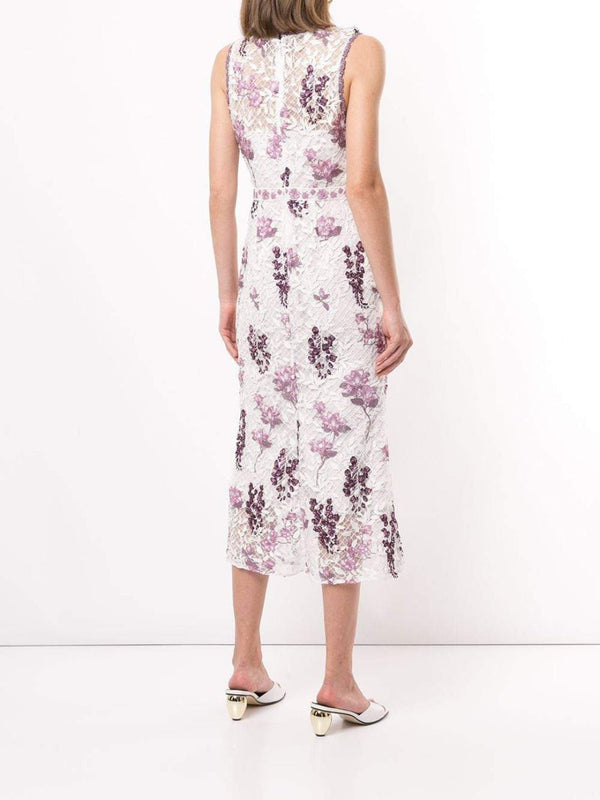 Marchesa Notte Sleeveless Floral Guipure Dress Ivory Lilac