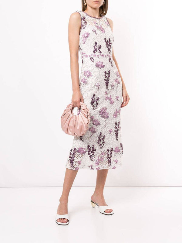 marchesa notte Sleeveless Floral Guipure Dress Ivory Lilac