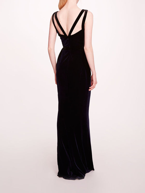 Marchesa Notte Sleeveless Velvet Column Gown Midnight Black