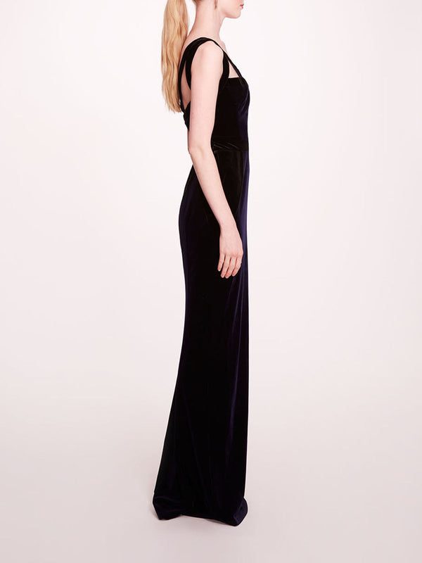 Marchesa Notte Sleeveless Velvet Column Gown Midnight Black