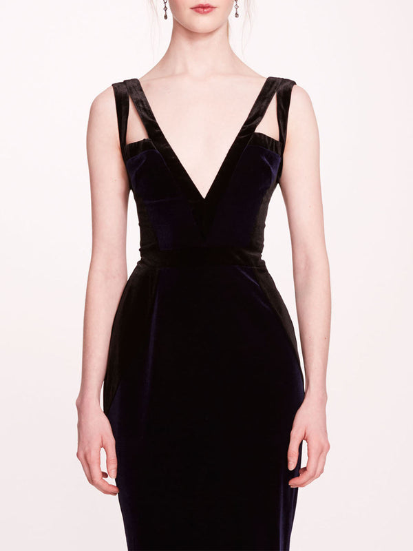 Marchesa Notte Sleeveless Velvet Column Gown Midnight Black