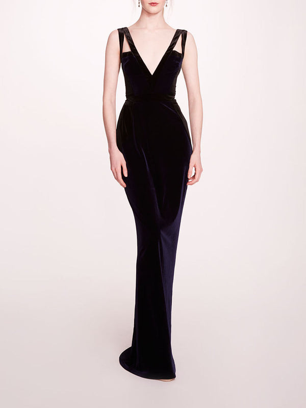 marchesa notte Sleeveless Velvet Column Gown Midnight Black