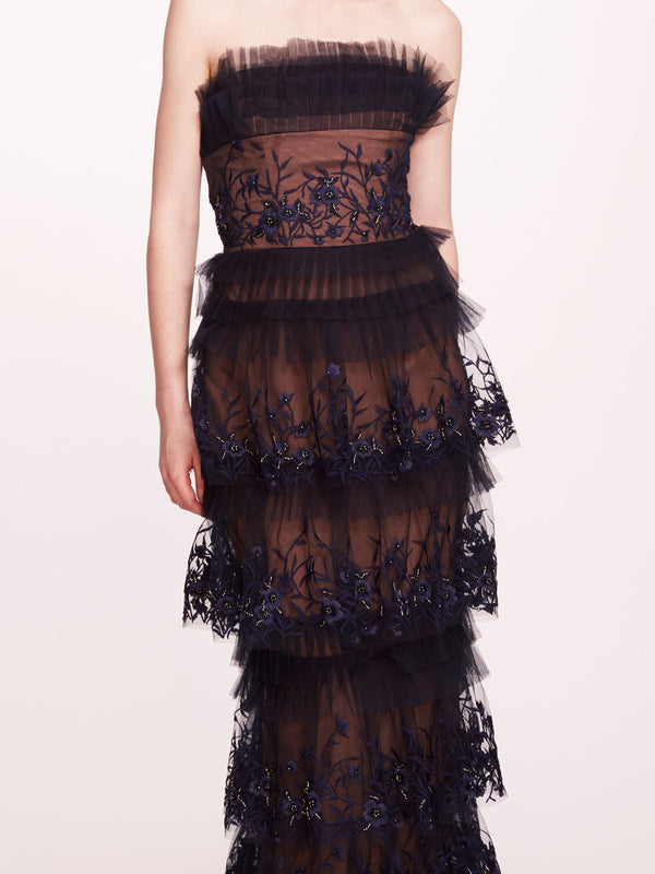 Marchesa Notte Tiered Terrarium Column Gown Midnight