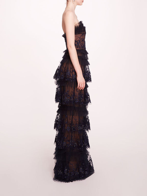 Marchesa Notte Tiered Terrarium Column Gown Midnight