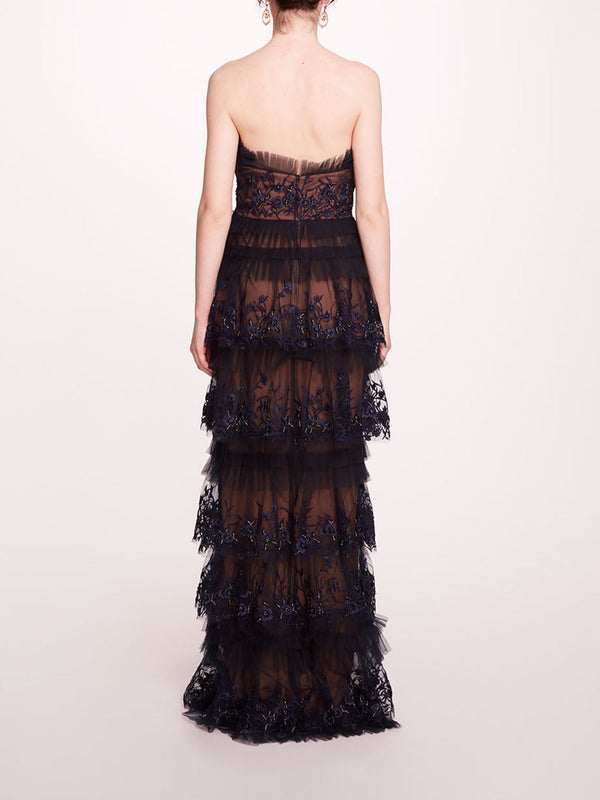 Marchesa Notte Tiered Terrarium Column Gown Midnight