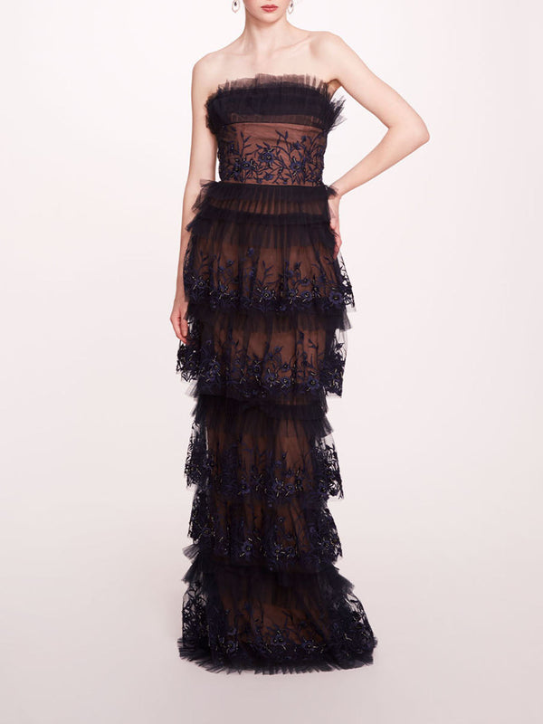 marchesa notte Tiered Terrarium Column Gown Midnight
