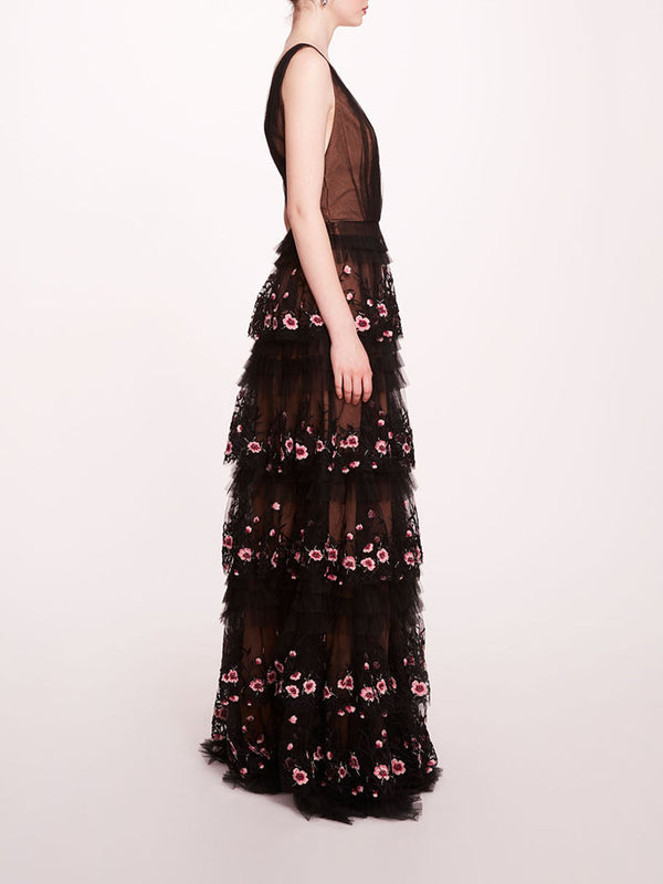 Marchesa Notte Tiered Terrarium V-Neck Gown Black Blush