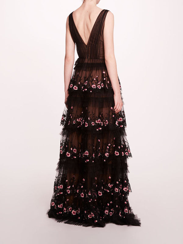 Marchesa Notte Tiered Terrarium V-Neck Gown Black Blush