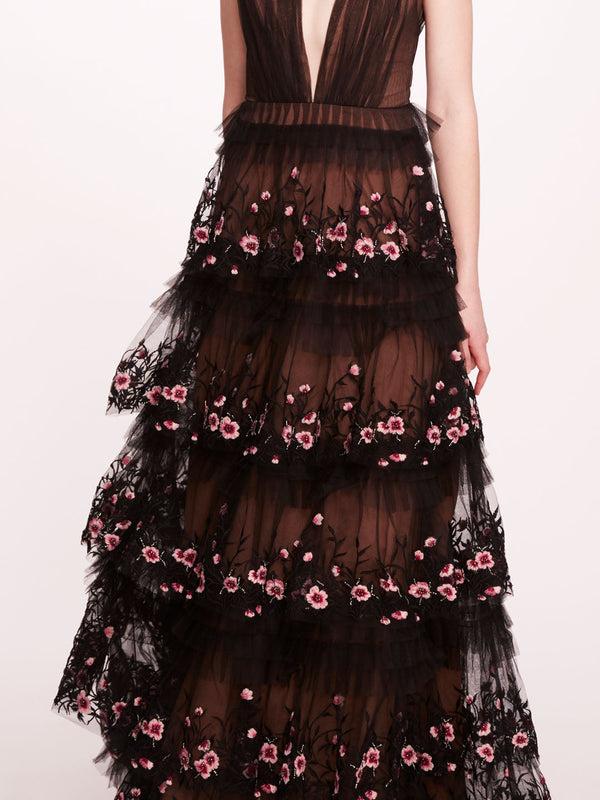 Marchesa Notte Tiered Terrarium V-Neck Gown Black Blush