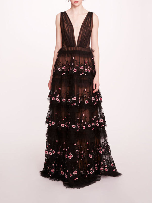 marchesa notte Tiered Terrarium V-Neck Gown Black Blush