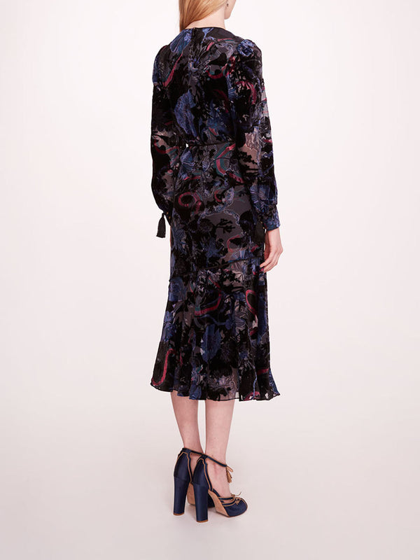 Marchesa Notte Velvet Burnout Midi Dress Blue Multi