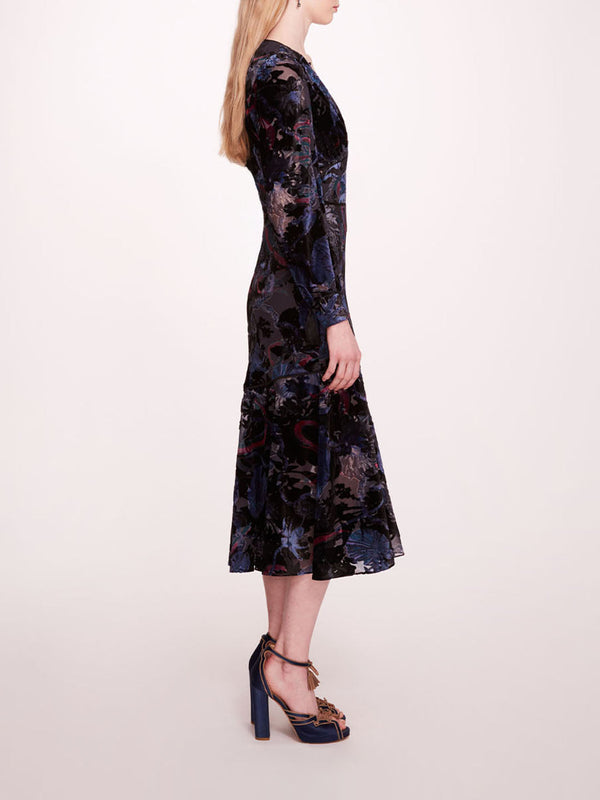 Marchesa Notte Velvet Burnout Midi Dress Blue Multi
