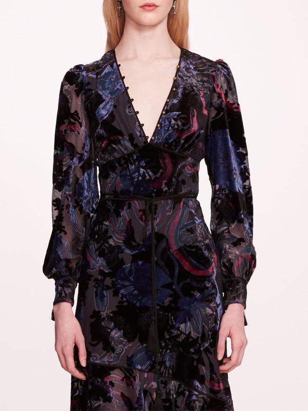 Marchesa Notte Velvet Burnout Midi Dress Blue Multi