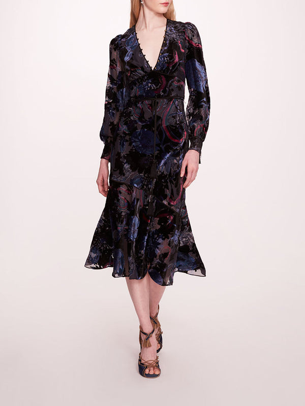 marchesa notte Velvet Burnout Midi Dress Blue Multi